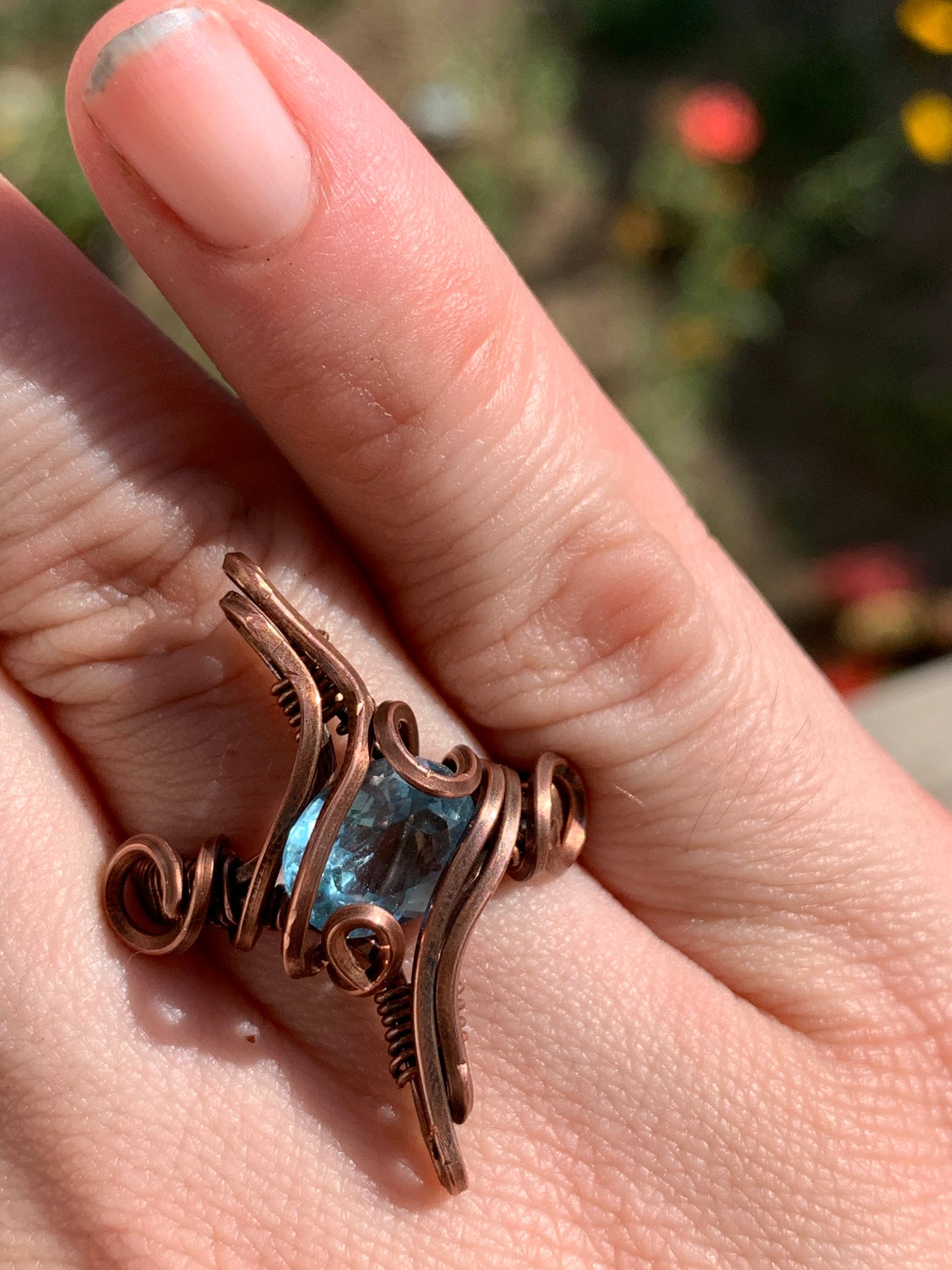 Celestial Sparkle Wire wrapped copper ring- Blue Topaz us size 8