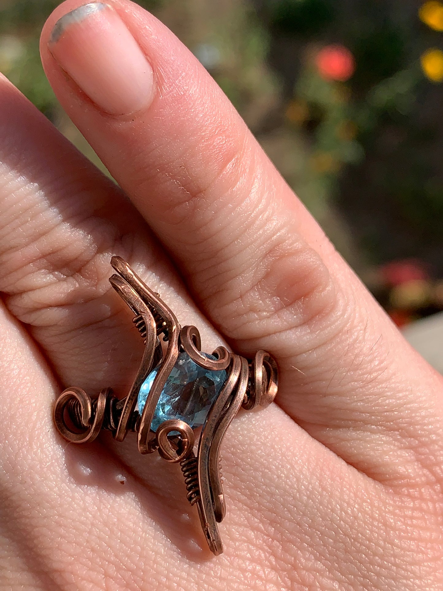 Celestial Sparkle Wire wrapped copper ring- Blue Topaz us size 8