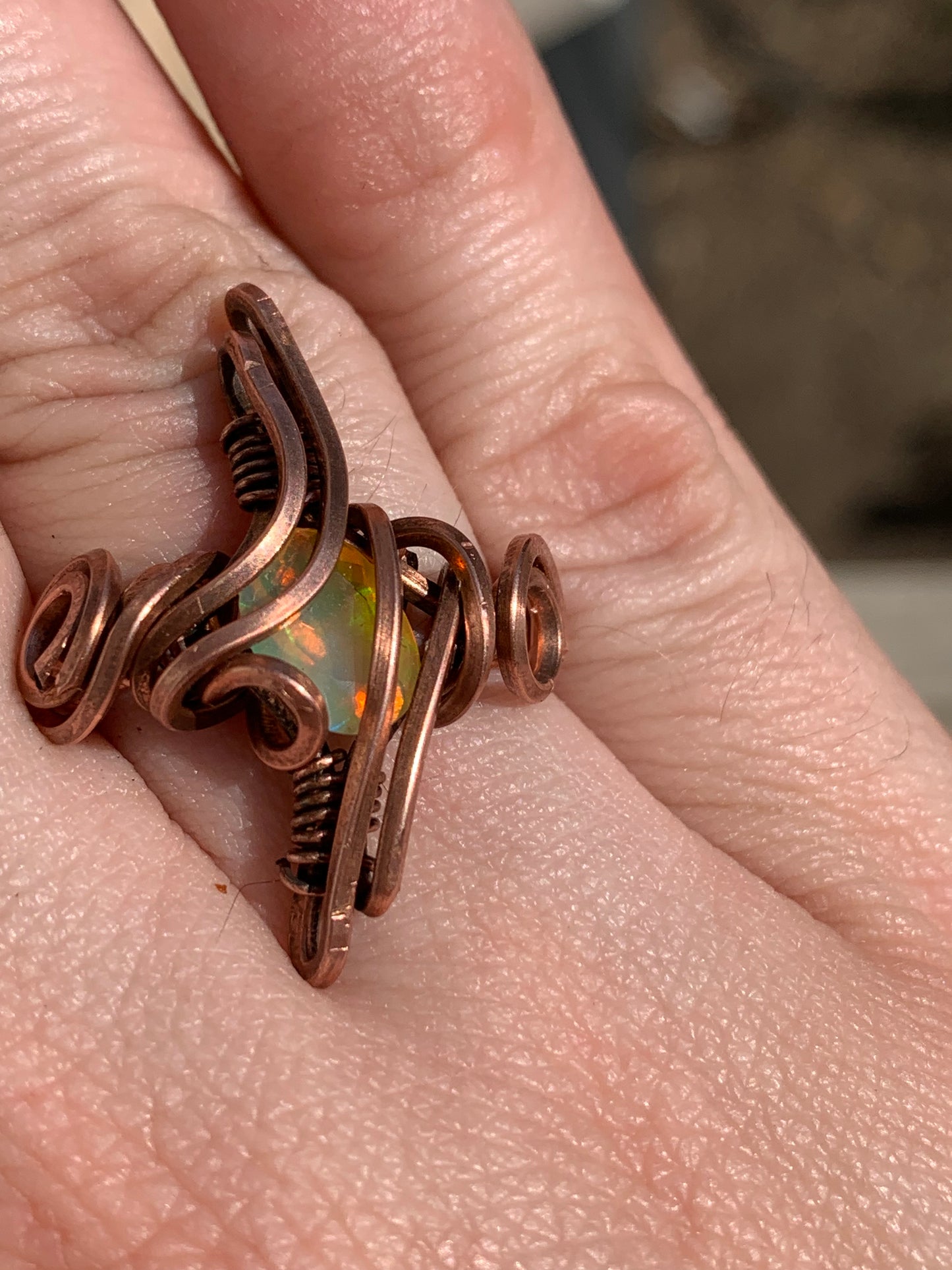 Celestial Sparkle wire wrapped copper ring- Welo Opal US size 7