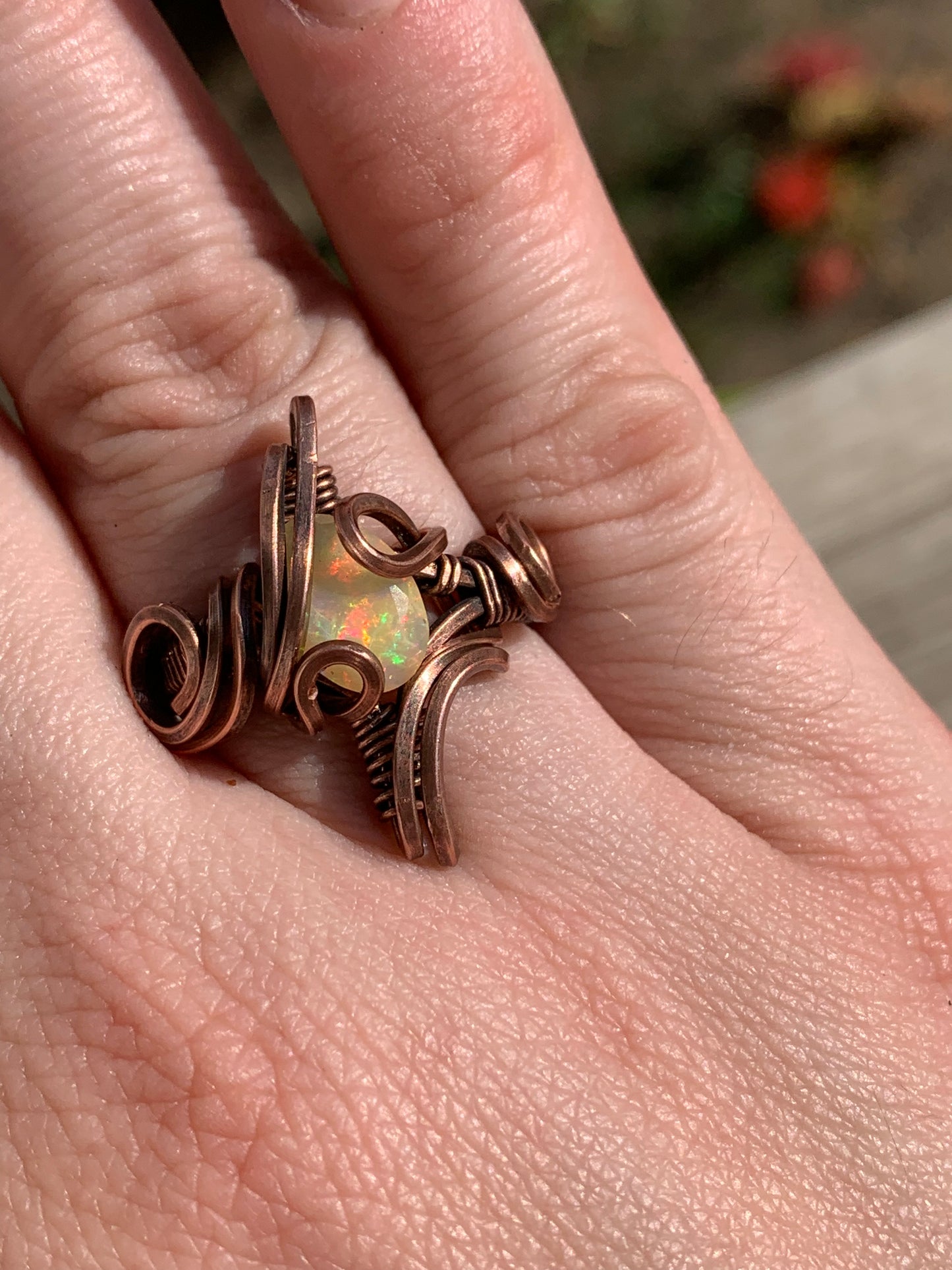 Celestial Sparkle wire wrapped copper ring- Opal US size 5