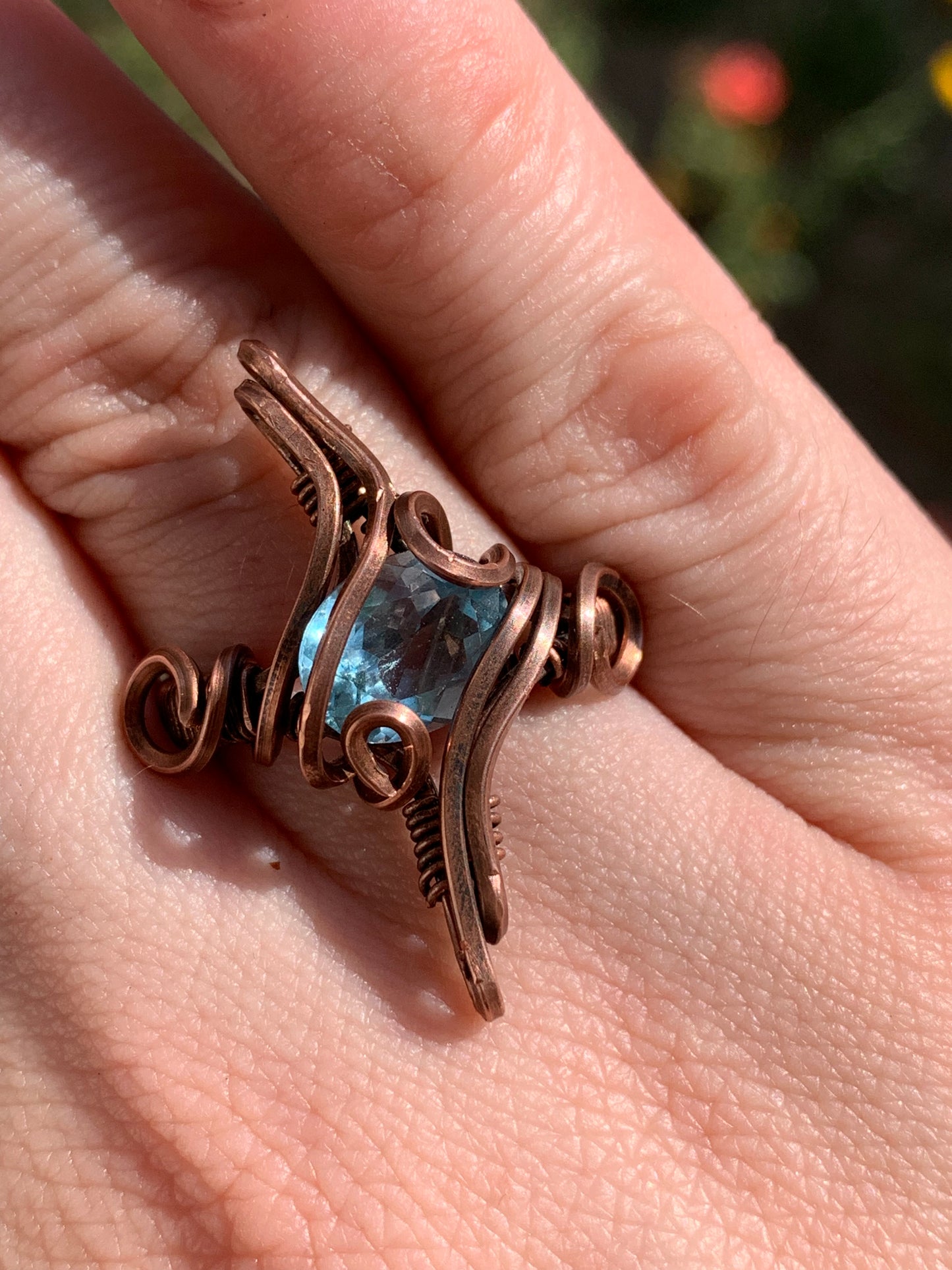 Celestial Sparkle Wire wrapped copper ring- Blue Topaz us size 8