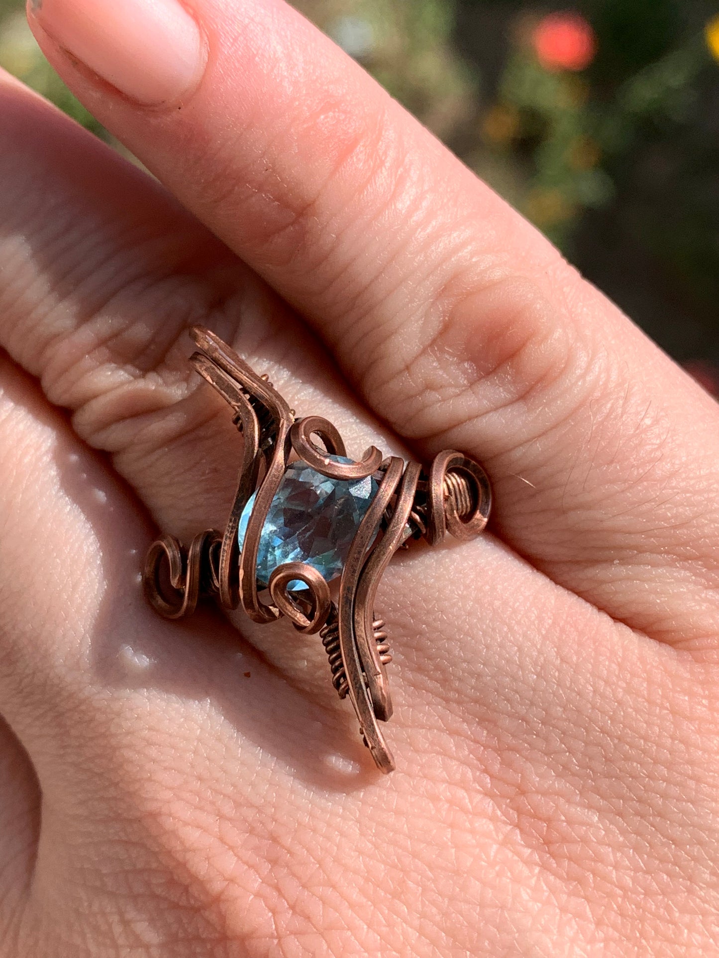 Celestial Sparkle Wire wrapped copper ring- Blue Topaz us size 8