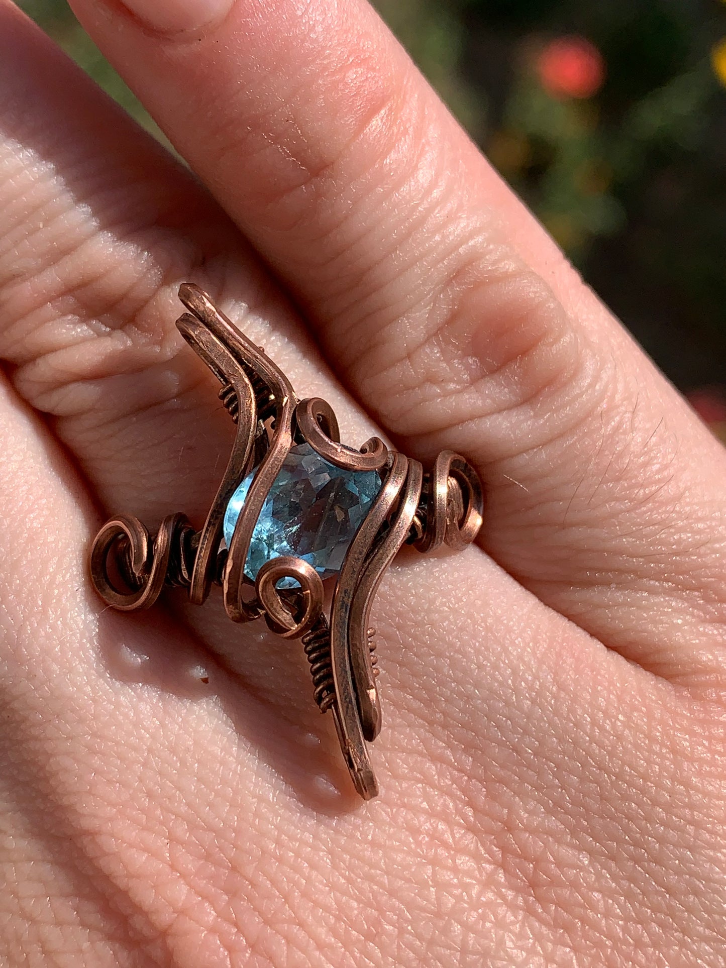 Celestial Sparkle Wire wrapped copper ring- Blue Topaz us size 8