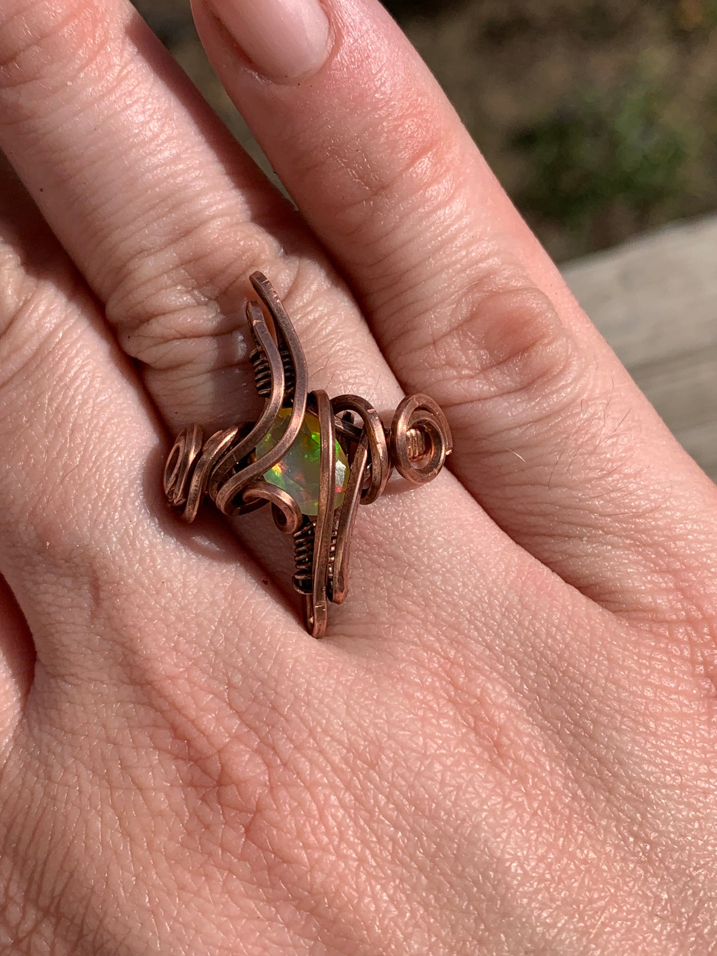 Celestial Sparkle wire wrapped copper ring- Welo Opal US size 7