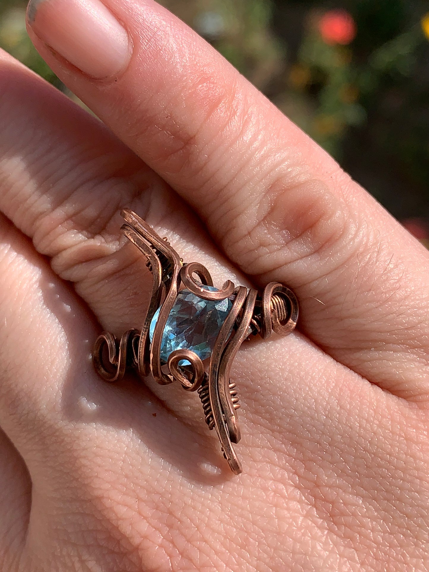 Celestial Sparkle Wire wrapped copper ring- Blue Topaz us size 8