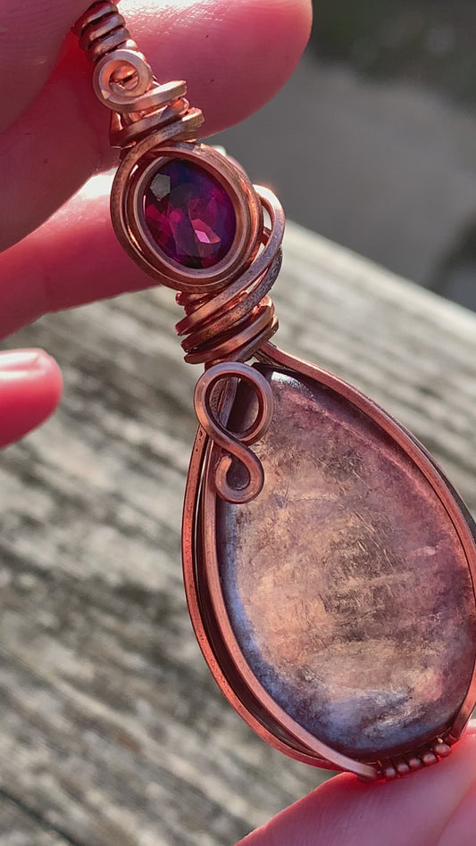 Wire wrapped copper pendant- Gem Lepidolite and Rubellite Garnet