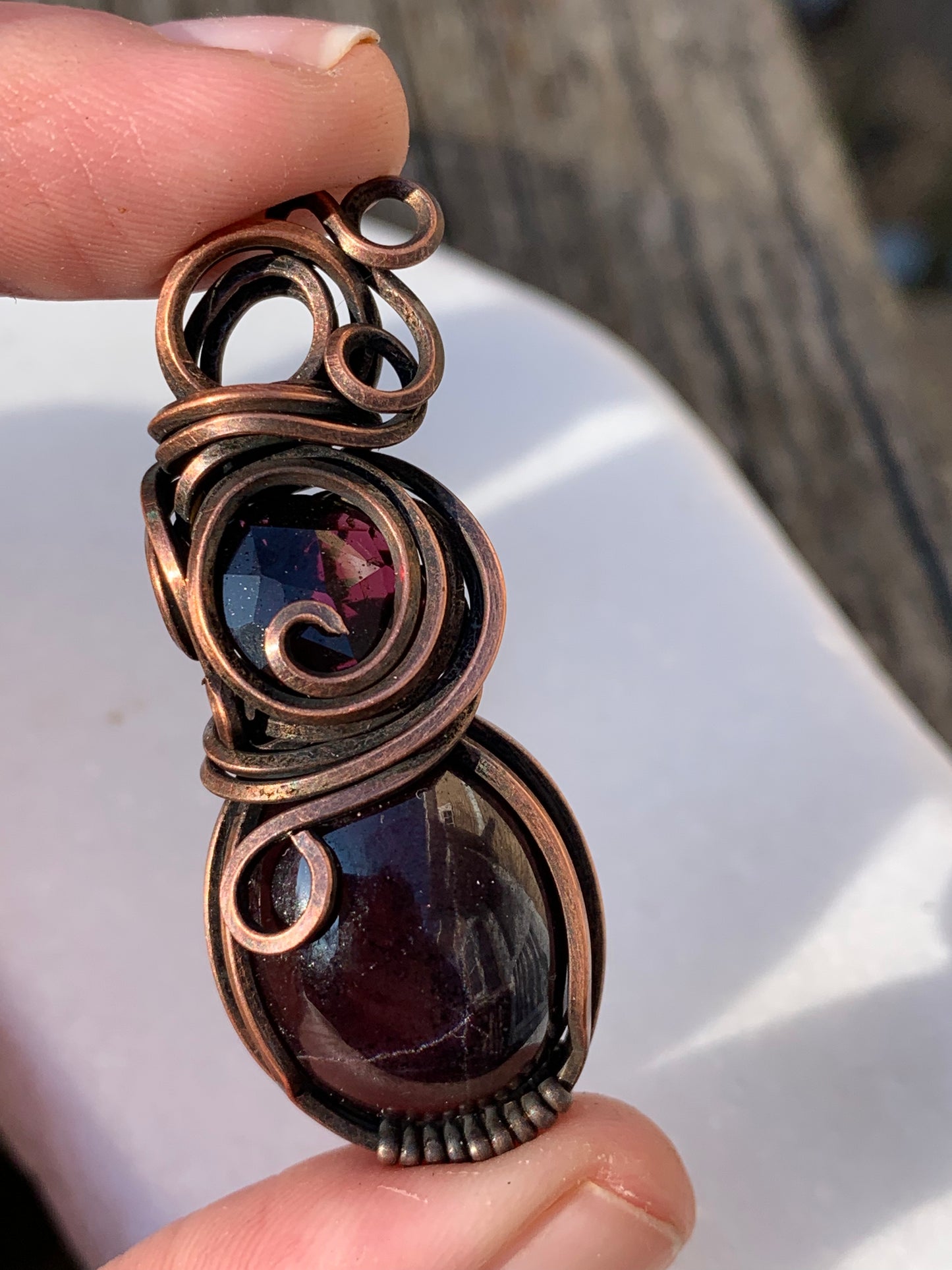 Wire wrapped copper pendant- Garnet with Asterism paired with Faceted Garnet