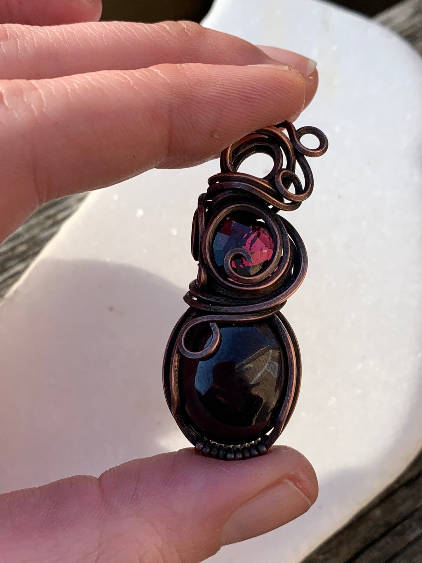 Wire wrapped copper pendant- Garnet with Asterism paired with Faceted Garnet