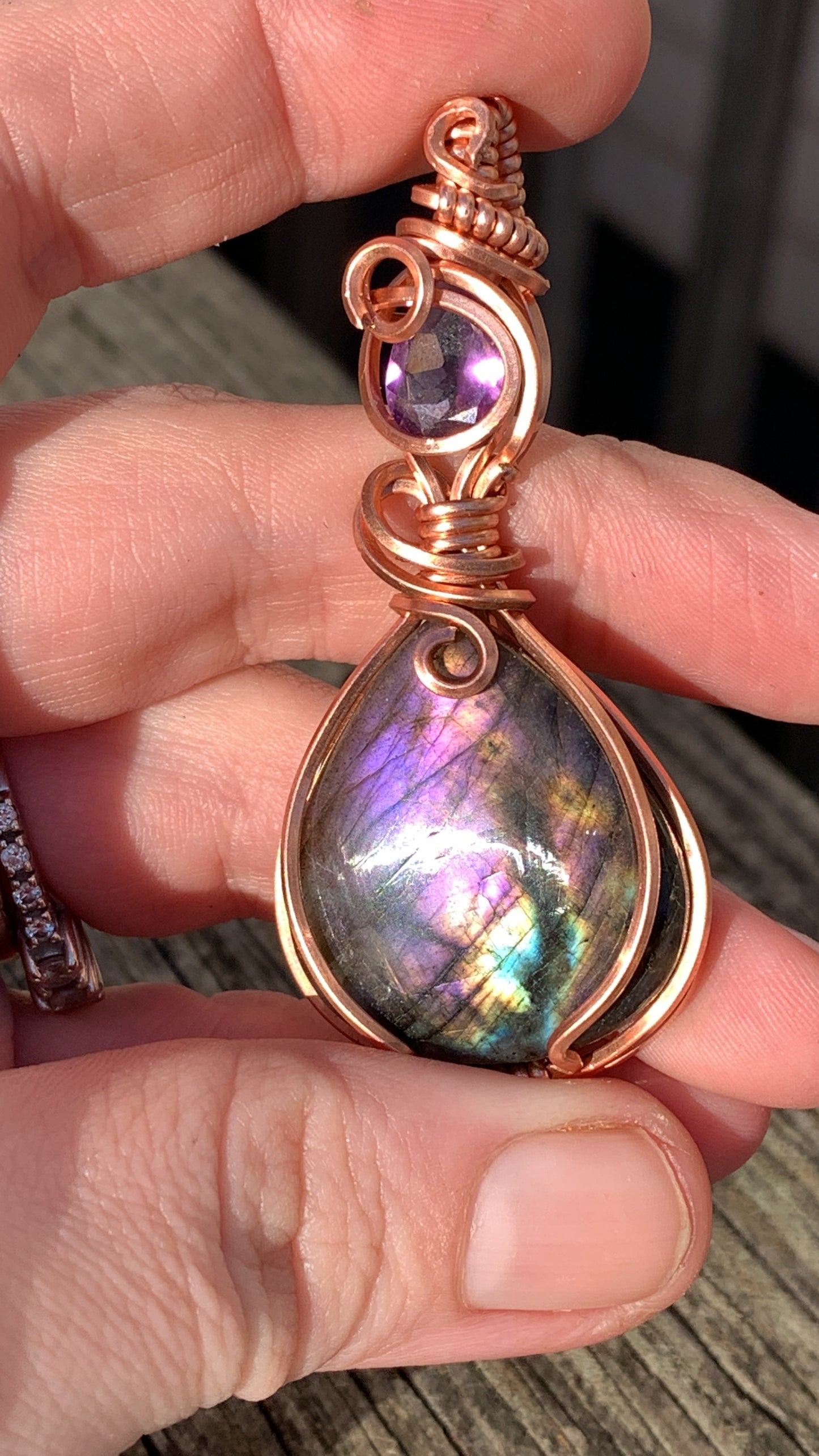 Wire wrapped copper pendant- Labradorite and Amethyst