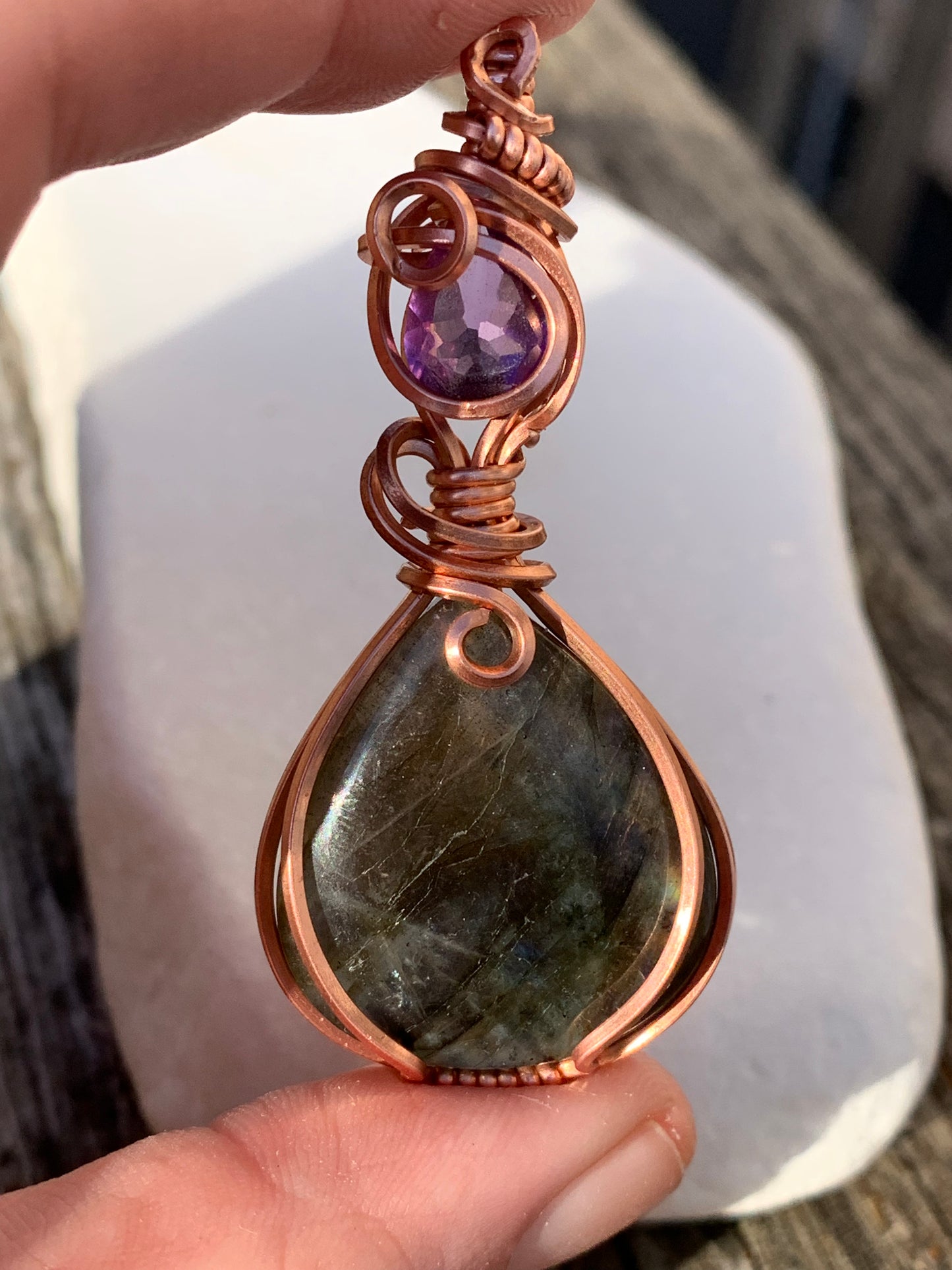 Wire wrapped copper pendant- Labradorite and Amethyst